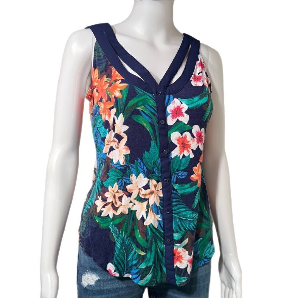 Tropical Navy Strappy Button Front Knit Tank - Picture 2 of 9
